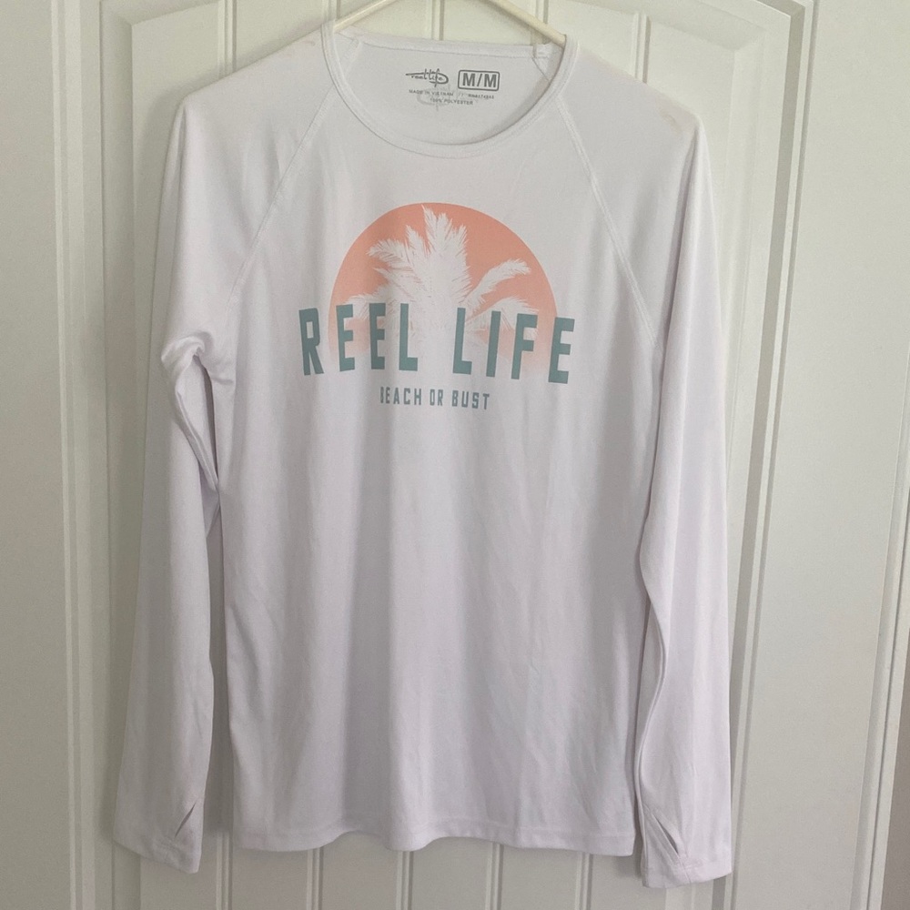 Reel Life Men’s Long Sleeve Performance Tee - White with Peach/Teal Graphic